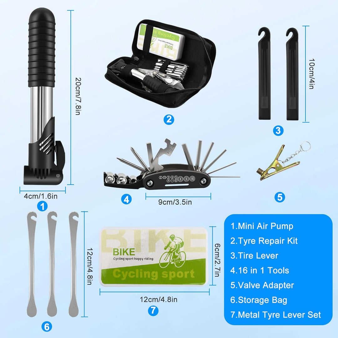 Fahrrad Reparaturset 16-in-1 mit Satteltasche und 120 PSI Mini-Luftpumpe,Flickzeug Fahrrad Multitool