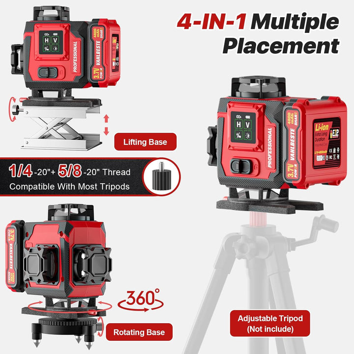 Kreuzlinienlaser, Laser Wasserwaage mit 2 x 4800 mAh Batterien, 4 x 360 Grad Laser Level mit Grosses