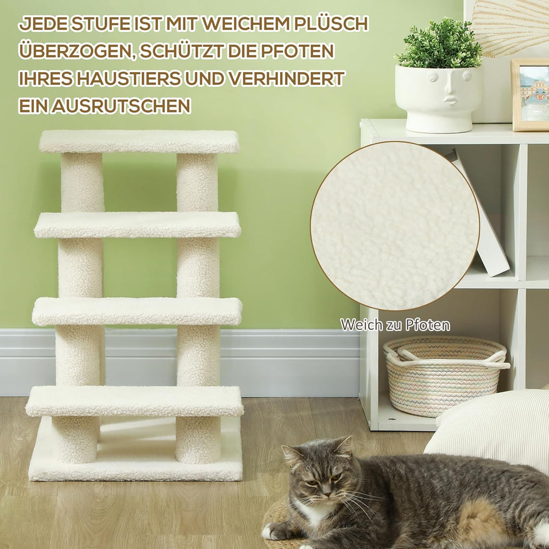 PawHut Tiertreppe Katzentreppe Hundetreppe Treppe für Katze und Hunde 4 Stufen Beige 63,5x43x60cm, B