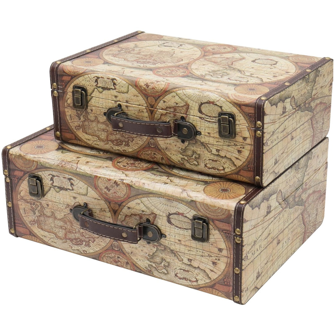 HMF VKO104 Vintage Koffer aus Holz | 2er Set | Versch. Grössen | Deko Weltkarte Farbe 2er Set Weltka