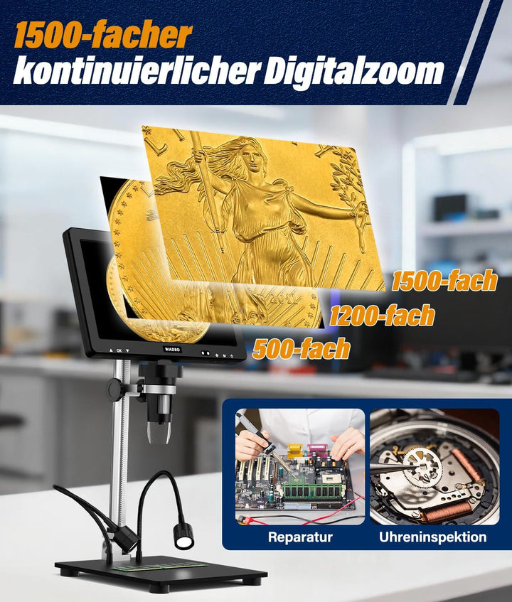 WADEO 10,1-Zoll-LCD-Digitalmikroskop 1500x inkl. 32GB Karte, Tragbares Mikroskop USB-Digitalmikrosko