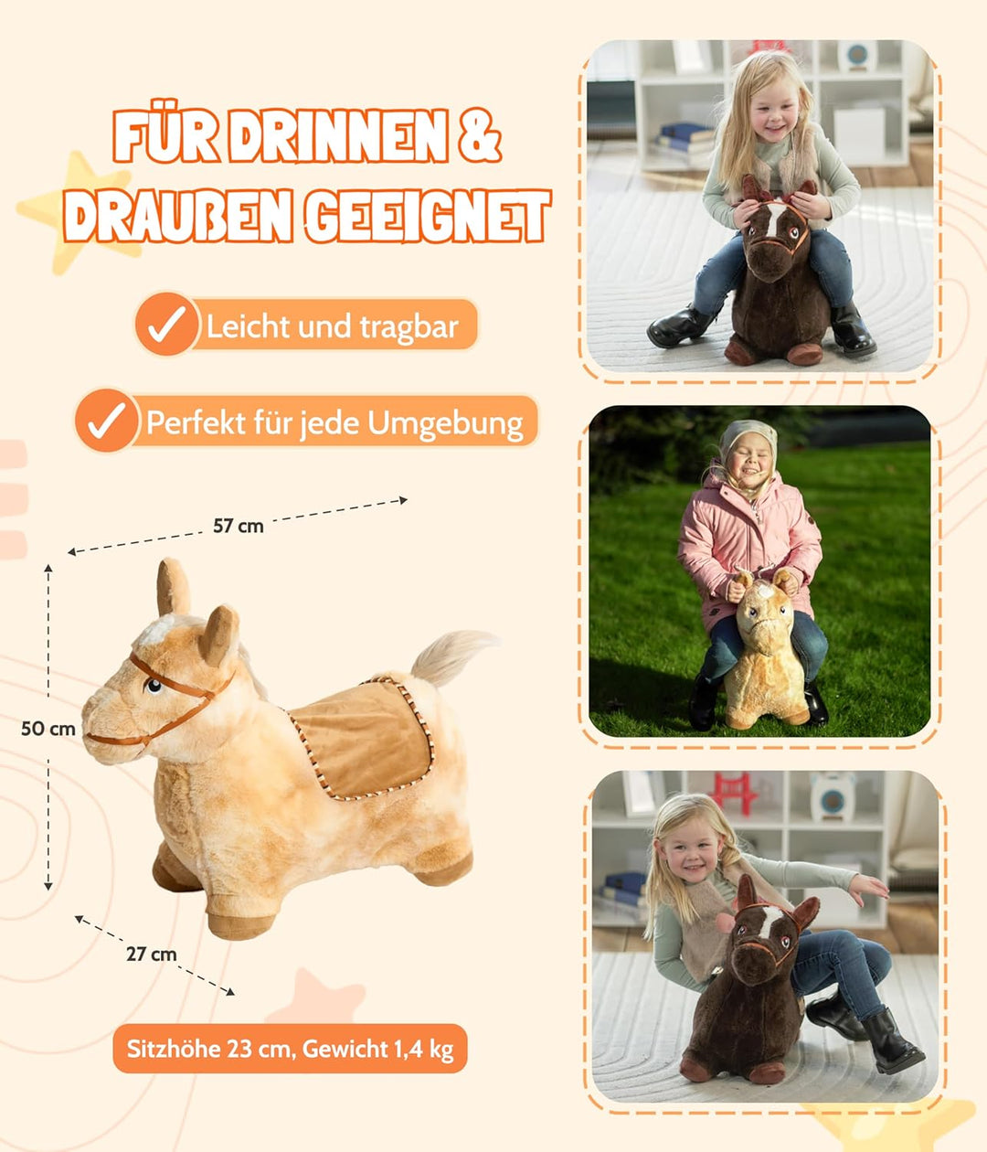 Bayer Chic 2000® Aufblasbares Hüpftier – Braunes Pferd –Mit weichem abnehmbarem Bezug & Luftpumpe –