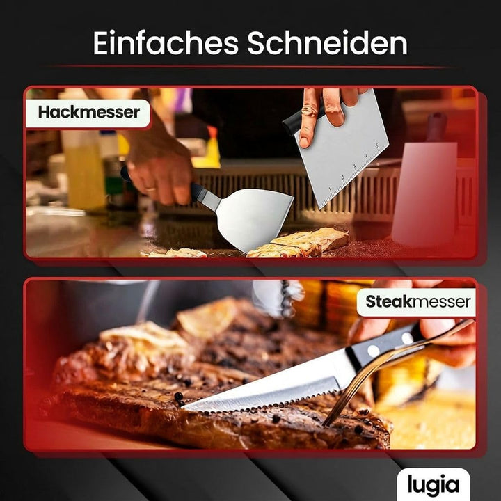 BBQ Grill Zubehör Set 34-teilig aus Edelstahl – Komplettes Grillbesteck mit Zange, Spateln, Burgerpr