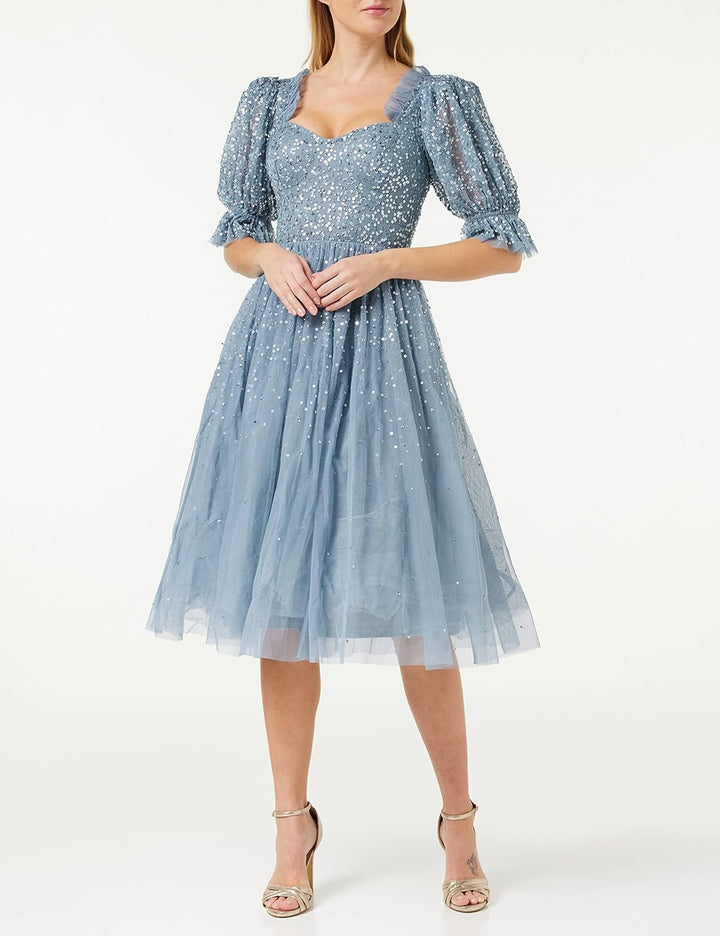 Maya Deluxe Damen Ladies Dress Women Midi Sequin Embellished Frilly Sweetheart Neckline Puffed Sleev
