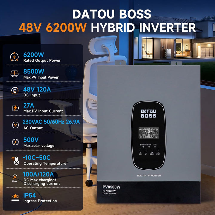DATOUBOSS 6200W 48V Hybrid Wechselrichter Reiner Sinus, MPPT 120A, 8500W PV Eingang, 48V Lithium kom