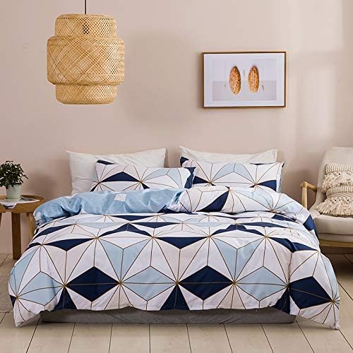 Luofanfei Bettwäsche Set 155x220 Microfaser Bettbezug Blau Weiss 3teilig Dunkelblau Weiss Kariert Ei