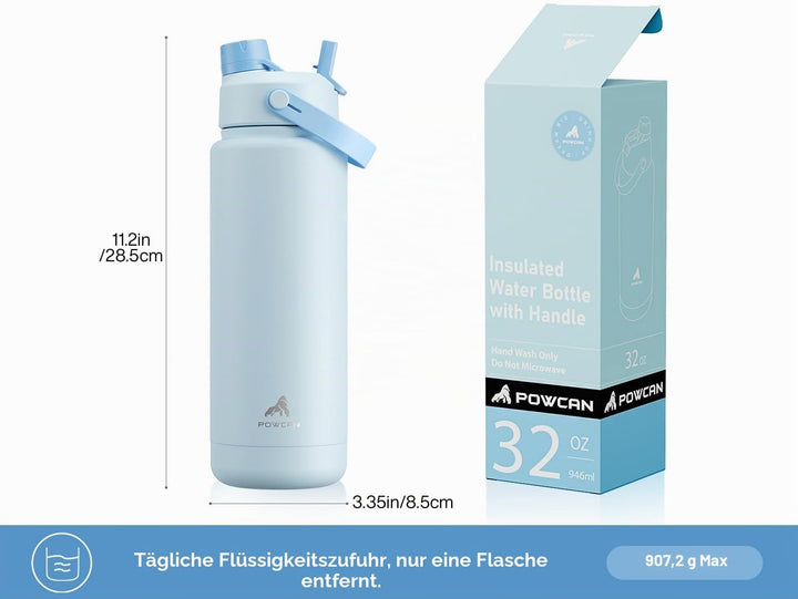 POWCAN Edelstahl Trinkflasche, Auslaufsicher, 2-in-1 Deckel, 946ml | Sea Breeze, Doppelwandig, 2-in-
