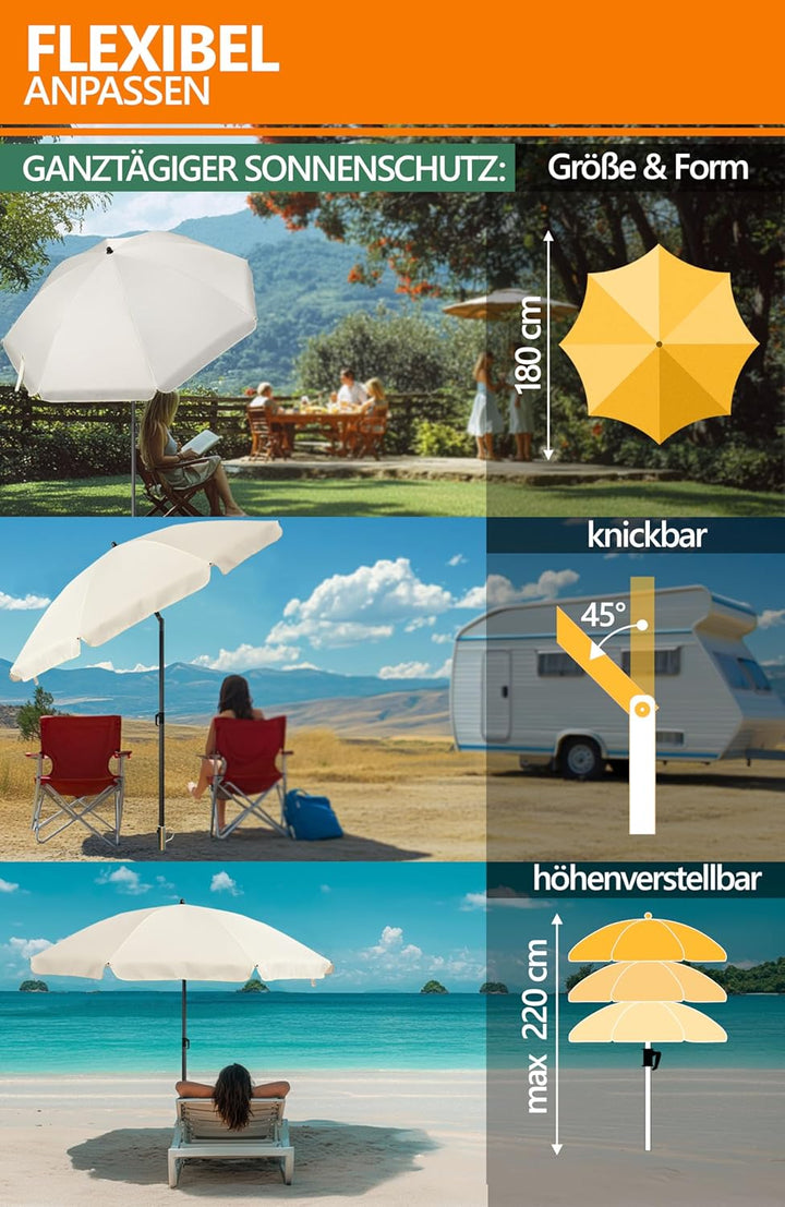 4smile SunnyJoy 3-IN-1 Set mit Sonnenschirm Strand in Beige - Strandschirm windfest stabil 180 cm mi