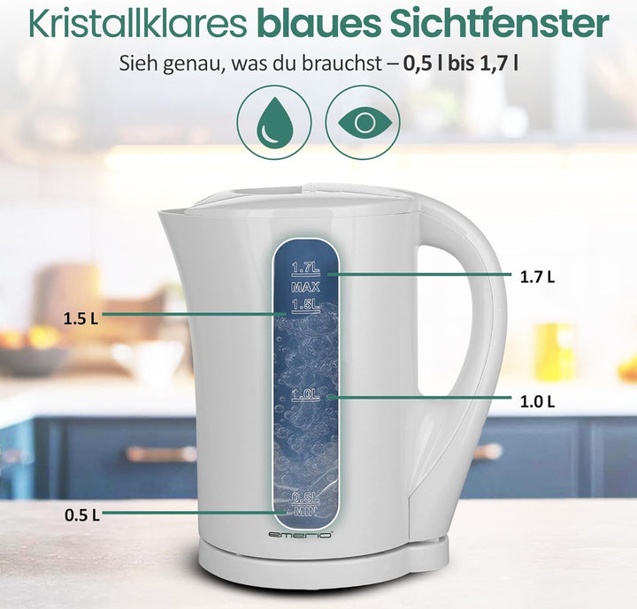 Emerio Wasserkocher BASIC | Kunststoff BPA frei | 1.7L Volumen mit beleuchtetem Ein-/Aus-Schalter |