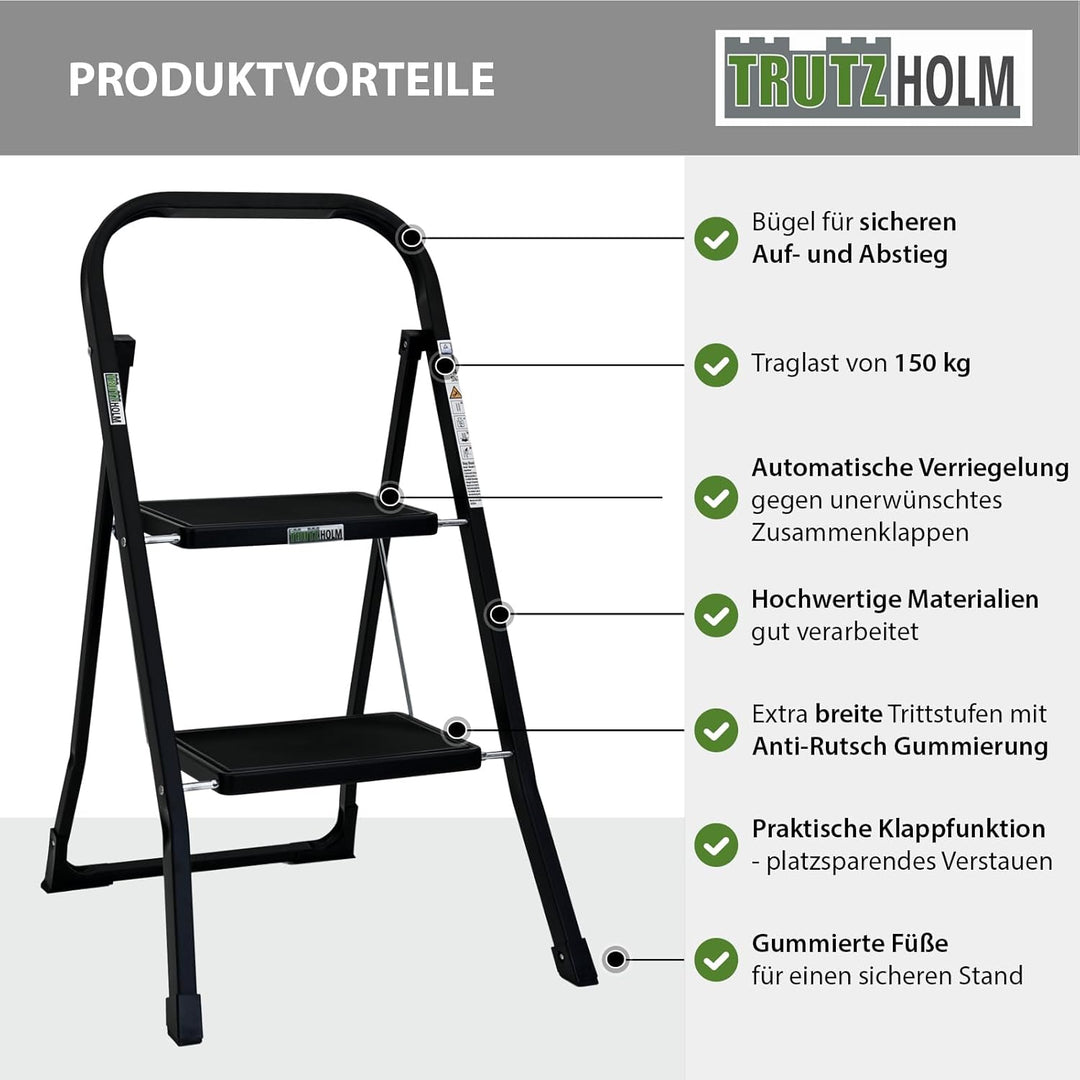 TRUTZHOLM Trittleiter 2 oder 3 Stufen klappbar TÜV/GS Zertifiziert 150 kg Klappleiter Anti-Rutsch Tr