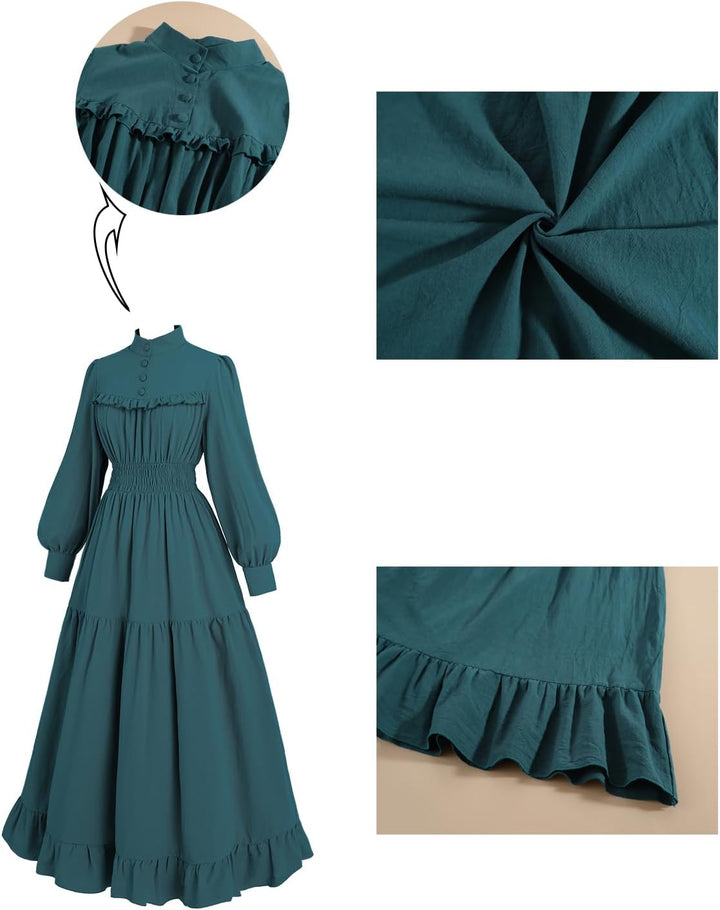 CR ROLECOS Mittelalter Kleidung Damen Viktorianisches Kleid Langarm A-Linie Vintage Edwardianisches