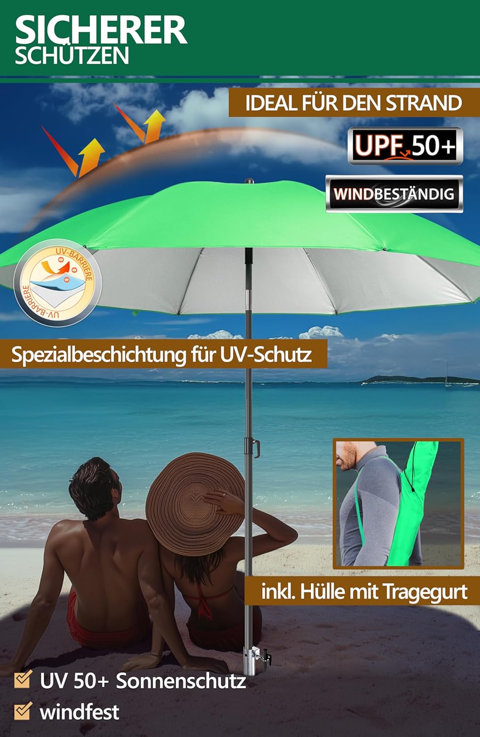 4smile Sonnenschirm Strand 3-in-1 Set, Ø 180 cm, Grün, Strandschirm Windfest Stabil, UV50 Sonnenschu
