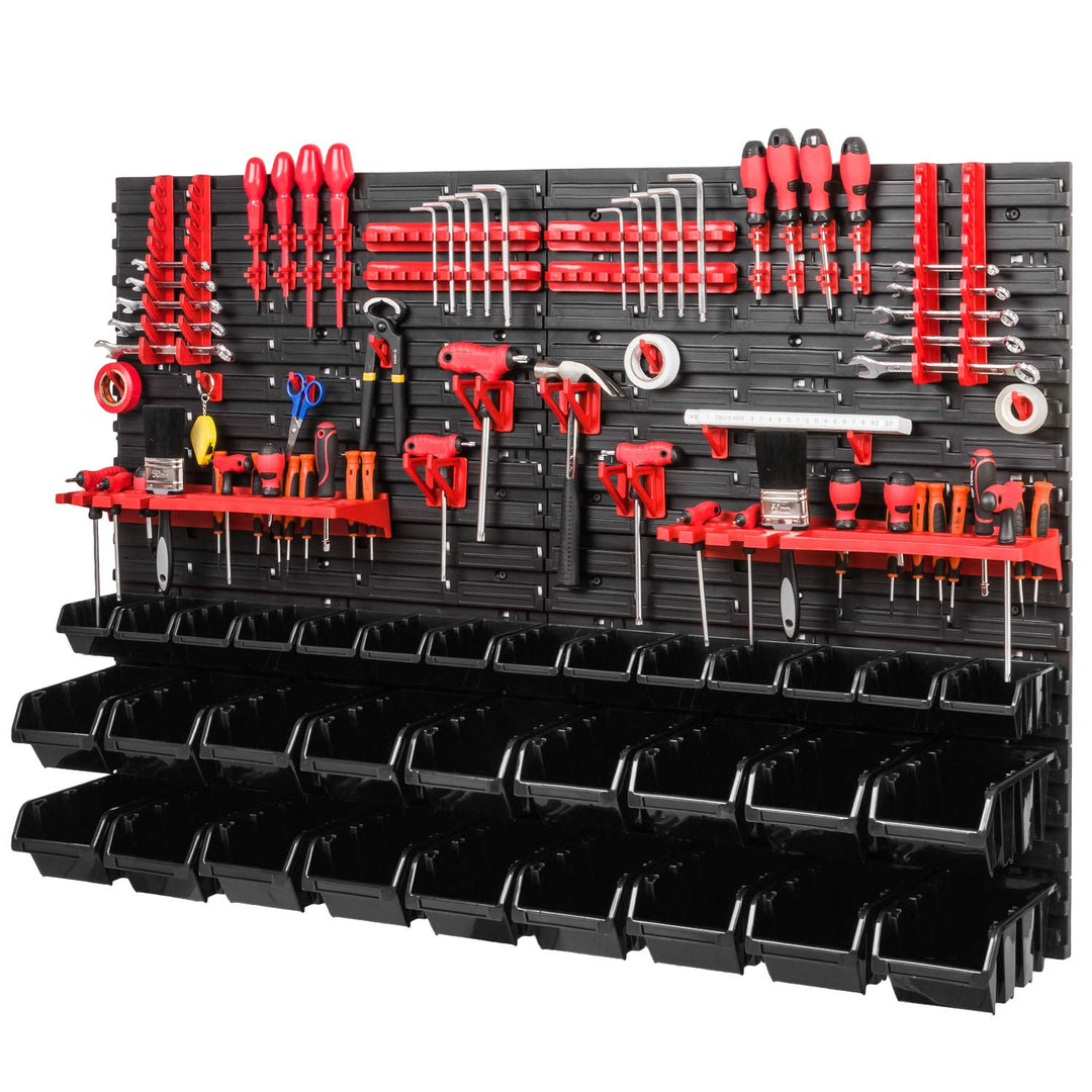 Werkstattregal Lagersystem - 1152 x 780 mm - Wandregal mit Schwarz Stapelboxen, Rot Werkzeughalter -