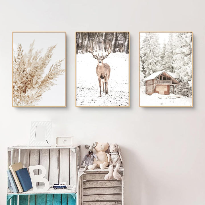3er Poster Set Moderne Winter Schneelandschaft Wandbilder Bilder,Boho Bilder Set für Wohnzimmer Schl