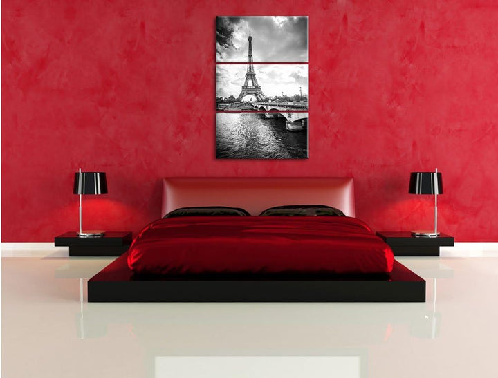 Pixxprint Eiffelturm in Paris Kunst B&W / 3-Teilig/Gesamtmass 120cm Leinwandbild bespannt auf Holzra