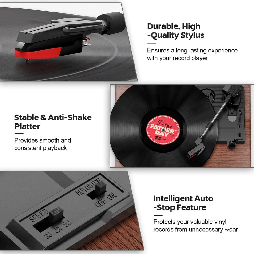 FYDEE Plattenspieler, Bluetooth 5.4 Schallplattenspieler mit Einstellbarer Auflagekraft, 2x3W Stereo