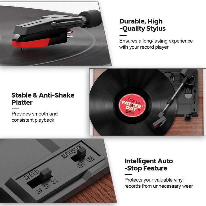 FYDEE Plattenspieler, Bluetooth 5.4 Schallplattenspieler mit Einstellbarer Auflagekraft, 2x3W Stereo