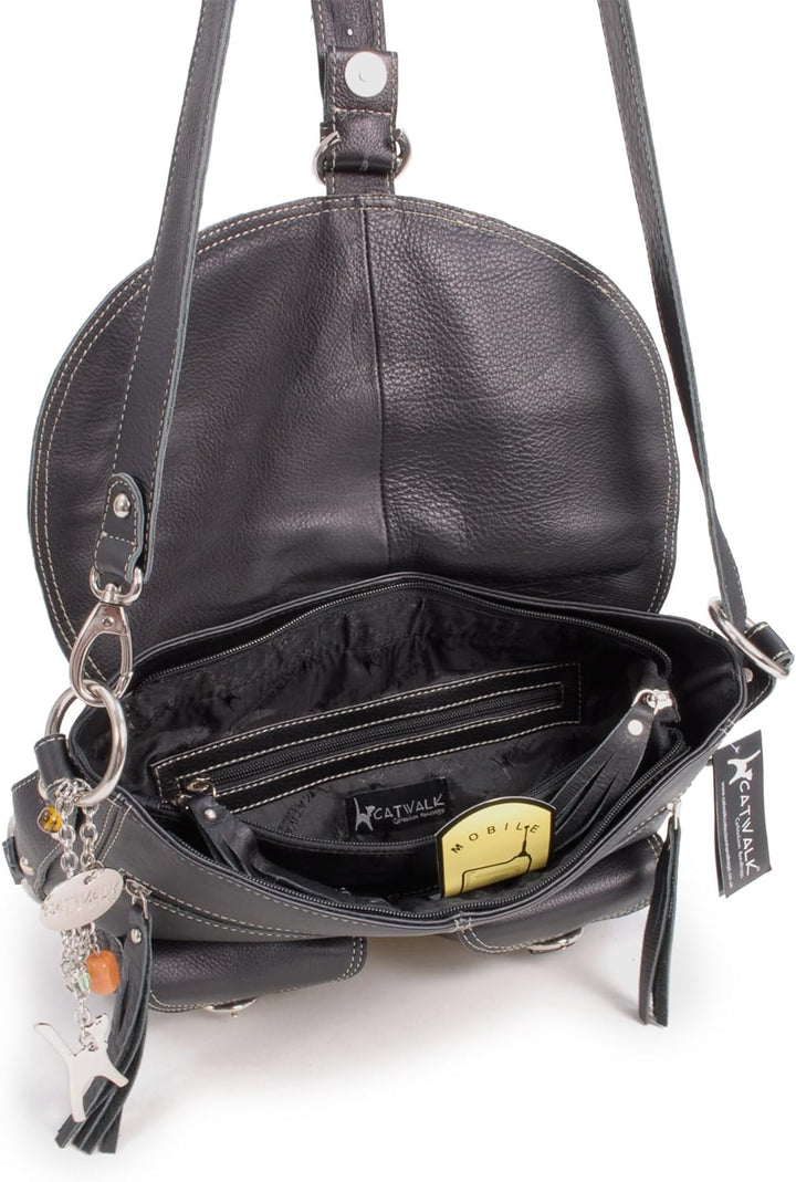 Catwalk Collection Handbags - Leder - Grosse Überschlagtasche/Schultertasche - COURIER L Schwarz, L