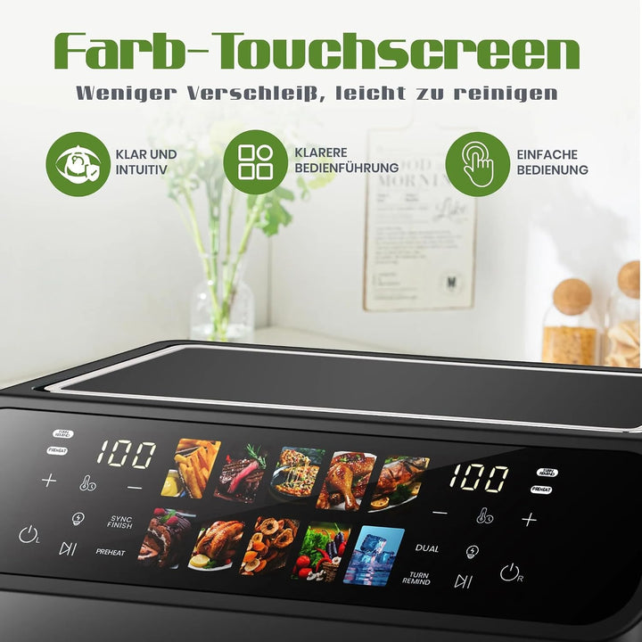 Heissluftfritteuse 9L XXL Dual 2000W, Airfryer mit 2 Kammern, Sichtfenster, Farb-Touchscreen, 10 Pro