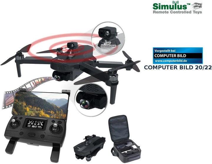 Simulus Drone: Faltbare GPS-Drohne, 4K-Cam, 360°-Abstandssensor, Brushless-Motor, App (Quadcopter, Q