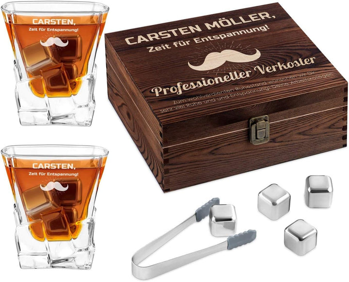 Maverton Whisky Steine Set - in Holzbox mit Gravur - 8 Eiswürfel & 2 Whisky Gläser, Zange, Samtbeute