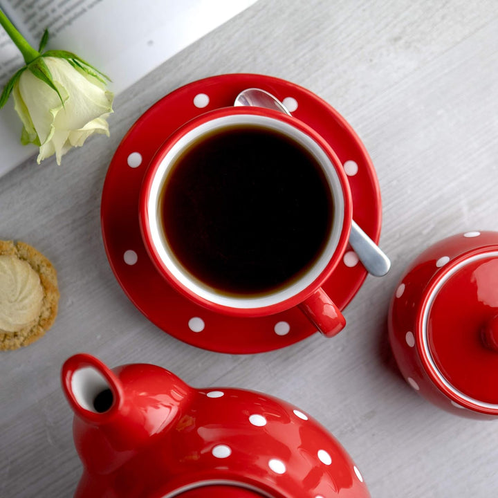 City to Cottage® - Keramik Kaffebecher Teetasse 350 ml | Rot und Weiss | Polka Dots | Handgemacht |