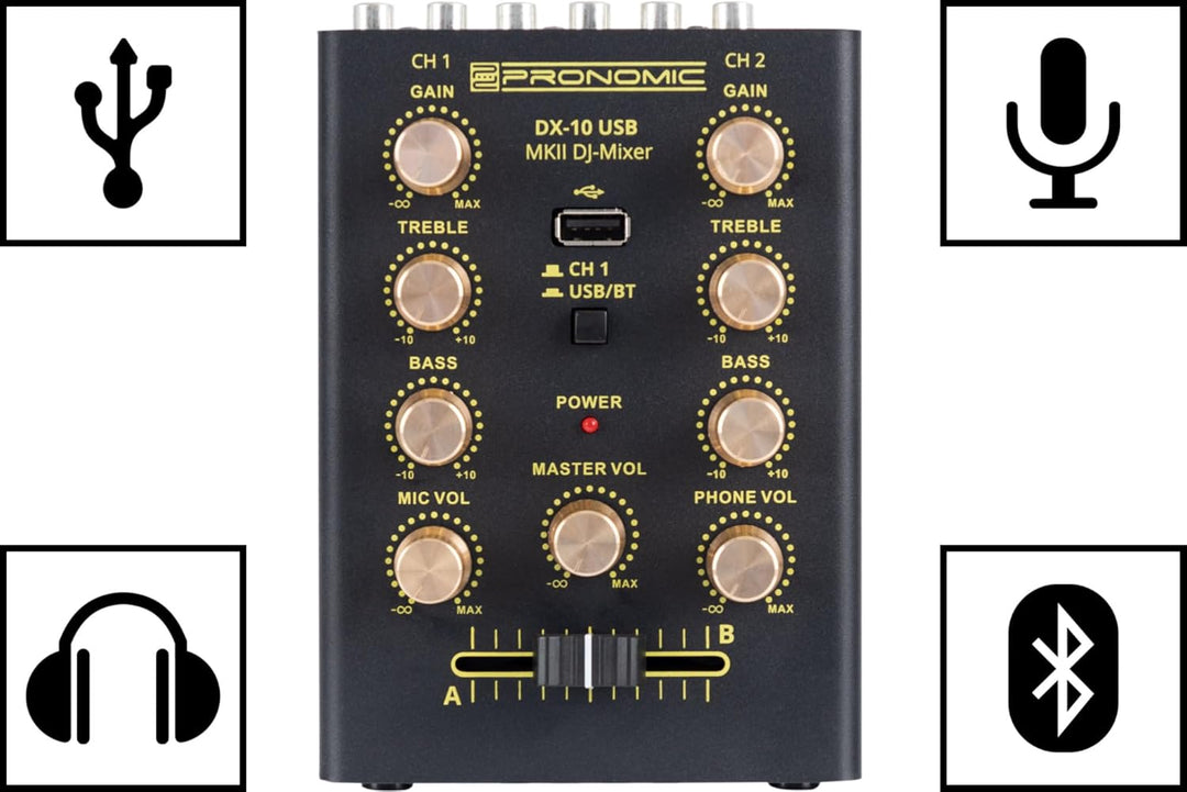 Pronomic DX-10 USB MKII DJ Mixer - kompakter 2-Kanal-DJ-Mixer - zwei Line-Eingänge - 2-Band Equalize