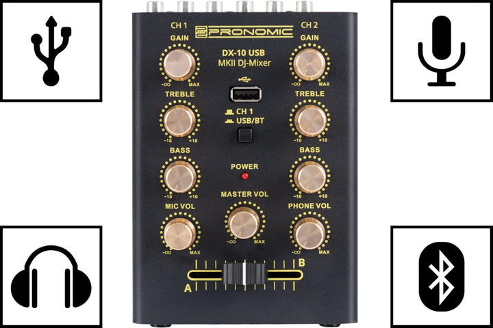 Pronomic DX-10 USB MKII DJ Mixer - kompakter 2-Kanal-DJ-Mixer - zwei Line-Eingänge - 2-Band Equalize