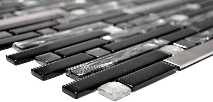 Mosaik Fliese Edelstahl schwarz Stäbchen Glasmosaik Crystal für WAND BAD DUSCHE KÜCHE FLIESENSPIEGEL