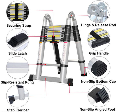 5M Teleskopleiter Alu Leiter Ausziehbare Klappleiter 2.5M + 2.5M Teleskop Leiter mit Stabilisator, H