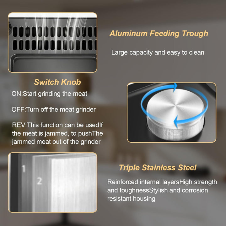 Fleischwolf Elektrisch 3-in-1, Fleischwolf 3200W mit 3 Edelstahl-Spiralen und Wurstfüller, Reibe Ele