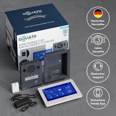 GOLIATH Basic Video Türsprechanlage, 2 Draht Bus, 7" Monitor, Unterputz Türklingel mit Kamera, Gegen