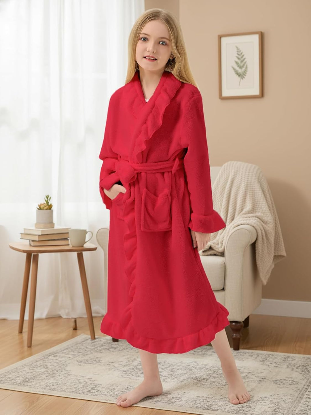 JiAmy Kinder Flanell-Bademantel mit Rüschen Warmer Fleece Hausmantel im Eleganten Stil für Mädchen R