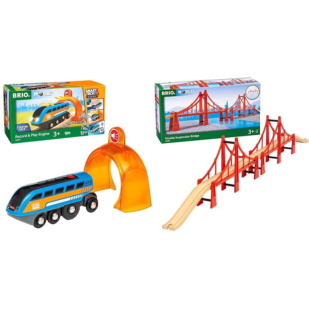 BRIO World 33971 Smart Tech Sound Lok mit Aufnahmefunktion Elektrischer Zug &amp; World 33683 - Hängebrü