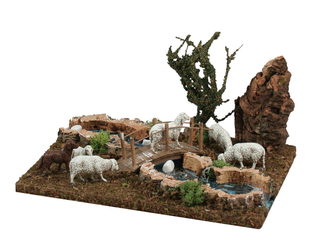 Ferrari & Arrighetti Flussabschnitt für Krippe mit Herde und Brücke, Bertoni Christmas Line, Holz un