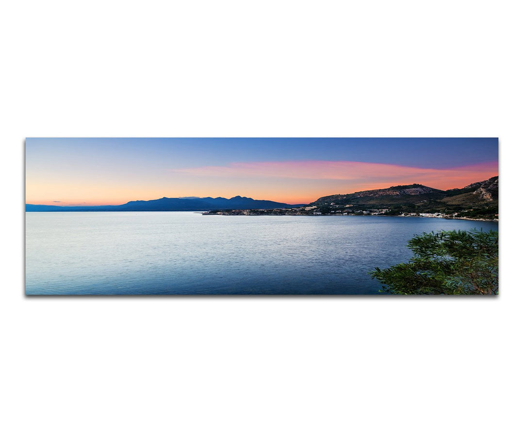 Paul Sinus Art Panoramabild auf Leinwand und Keilrahmen 150x50cm Italien Sizilien Meer Küste Dämmeru