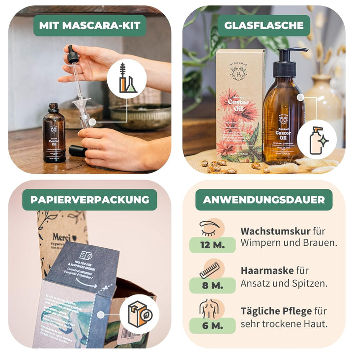BIONOBLE Rizinusöl Kaltgepresst Bio + Mascara-Kit, 100% Natürlich - Wachstumsfördernd, Repariert - R
