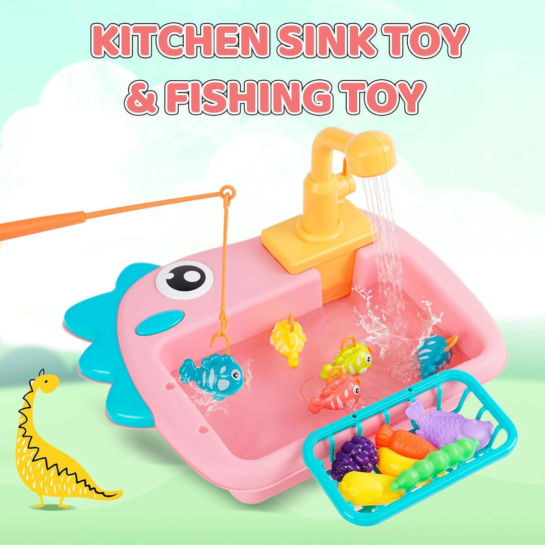 Küchenspüle Spielzeug Set mit Angelspiel, Fliessendes Wasser Spülmaschine, Küchenutensilien,Rollensp