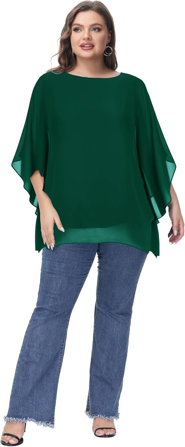 Hanna Nikole Damen Grosse Grössen Chiffon Blusen Elegant Fledermaus Hemd Doppellagige Tops Lose Long