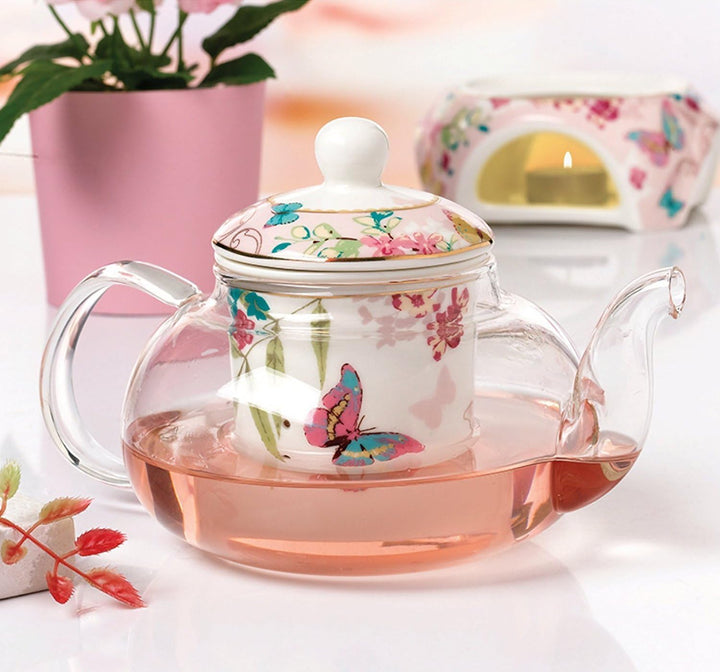 YBK Tech Teekanne mit Stövchen und Teesieb aus feinem Porzellan und Glas (Rosa (Schmetterlingenmuste