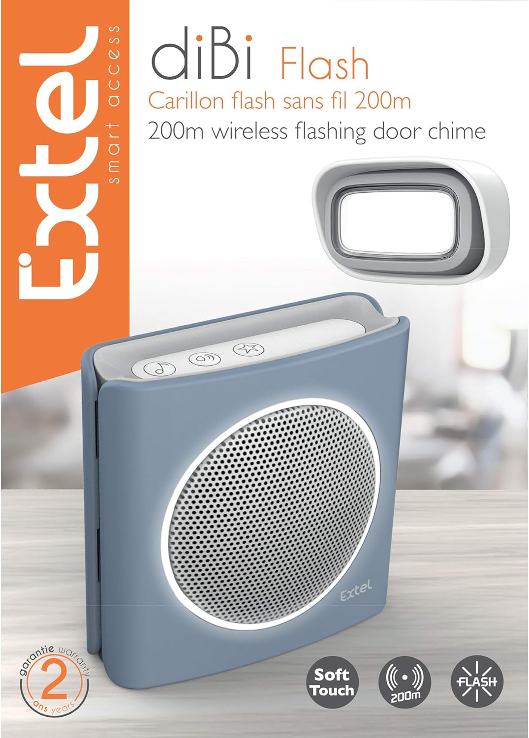 EXTEL diBi Flash Soft Grey Funk Türklingel, bis zu 200m Reichweite, Grau / Blau