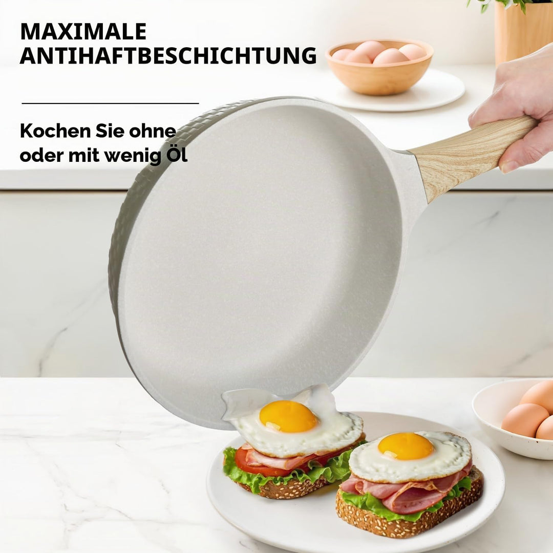 KASANOVA Antihaft-Kochset Bambù, Induktionsgeeignet, mit gehärteten Glasdeckeln (Grün und Creme, 10