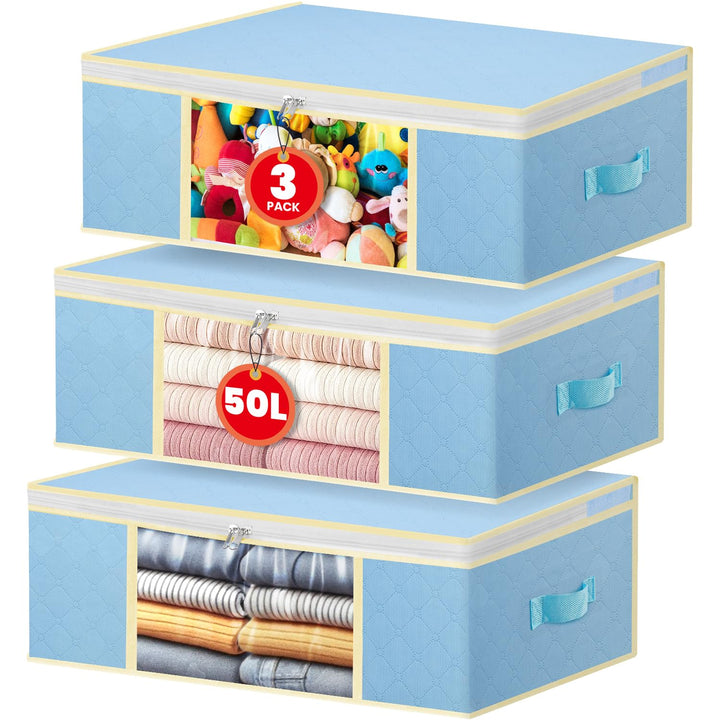 3er-Set Faltbare Aufbewahrungstaschen 50L – Nebelblau – 3-Lagiges Material Mit Transparenter PVC-Fen