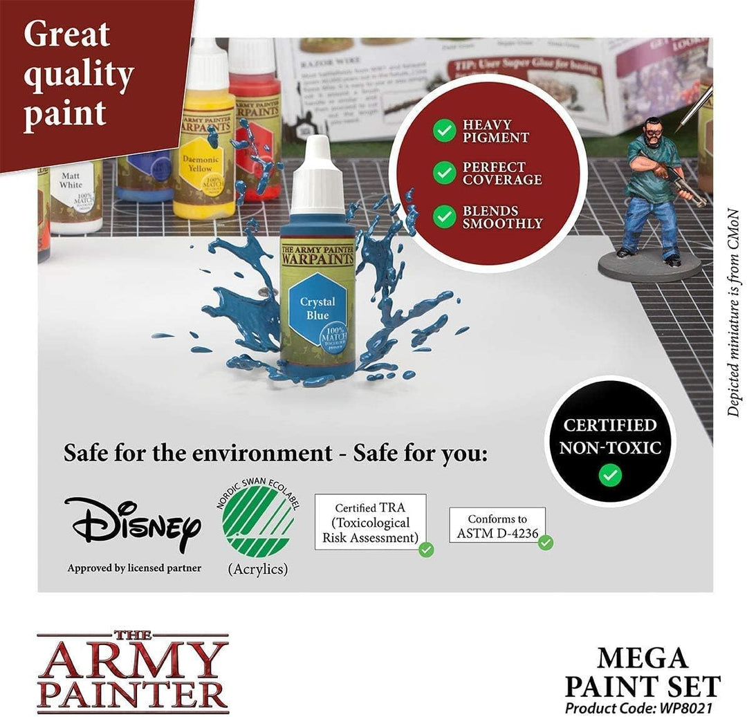 The Army Painter Mega Paint Set Farbset, 50 Warpaint-Farben und 1 Wargamer Regiment Pinsel für Warga