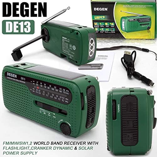 Degen DE13 Cranked Solar FM AM SW Receiver with Flashlight/SOS Alarm/Rechargeable Cell Phone for Eme