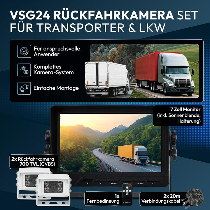 VSG24 Rückfahrkamera 7" Transporter-Set Transit inkl. 2 x Kamera, Monitor, Kabel - Wasserdicht Nacht