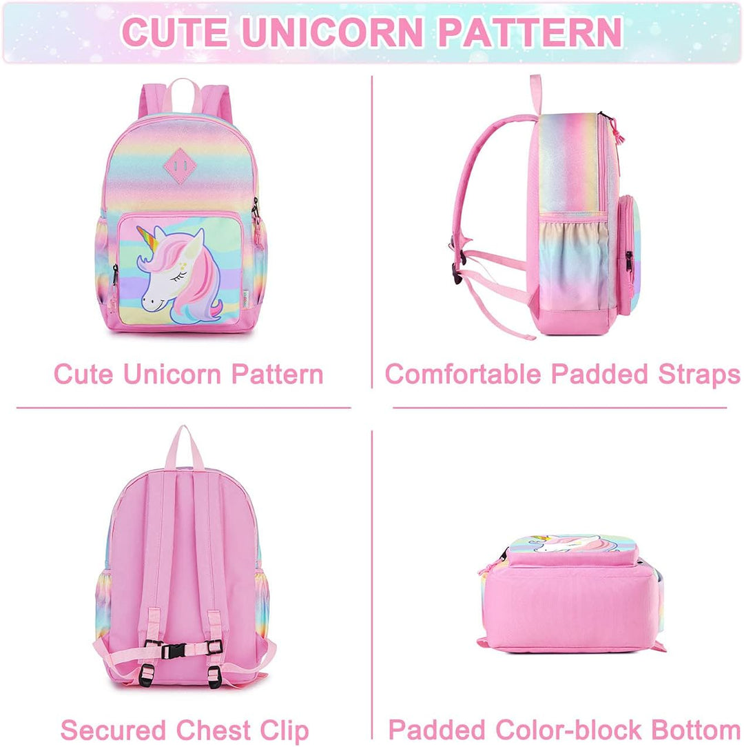 VASCHY Mädchen Schulrucksack 4-6 Jahre Schulrucksack mit Seitentaschen und Brustgurt 127-einhorn, 12