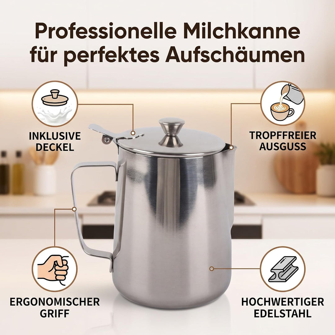Milchkännchen mit Deckel, Milchkanne Edelstahl Milchschaumkännchen Kaffeekännchen Kännchen für Kaffe