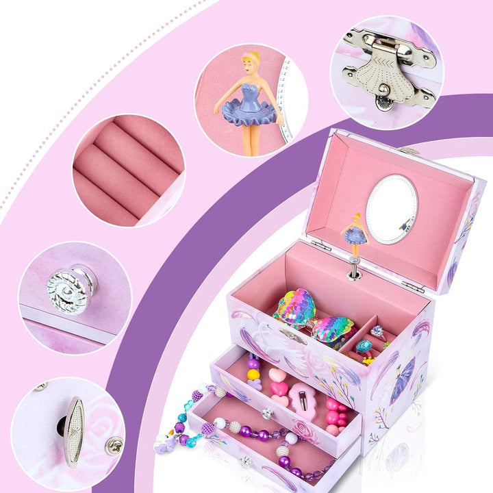 Ballerina Schmuckkästchen für Mädchen, Kinder Spieluhr mit drehender Ballerina, 2 Schubladen und Ein