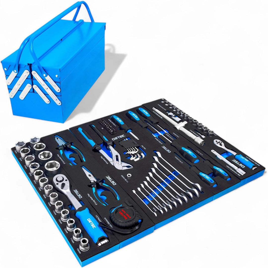 DeTec. Werkzeugkiste blue Edition | klassischer Metall-Werkzeugkasten gefüllt mit Werkzeug - 86tlg.
